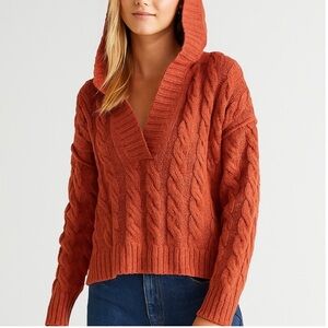 American Eagle Hooded Cable Knit Sweater | Rust Orange Pullover | Medium